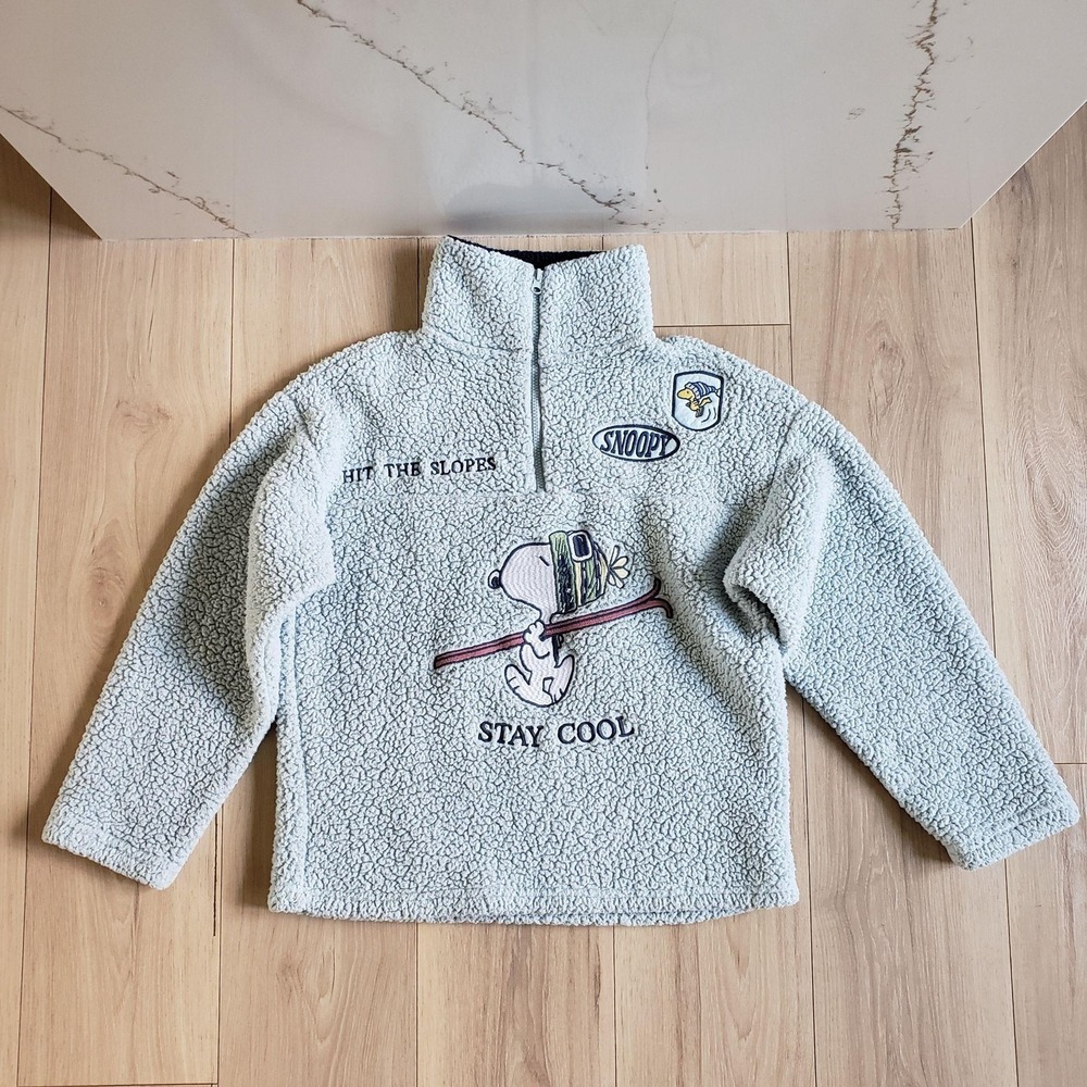 Peanuts Sweater Womens S Blue Snoopy Woodstock Ski Fleece 1/4 Zip Pullover